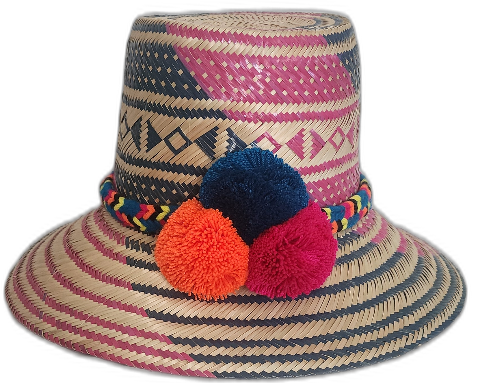 Handmade Wayuu straw hat with navy and fuchsia weave and pompoms in navy, orange, and fuchsia.

