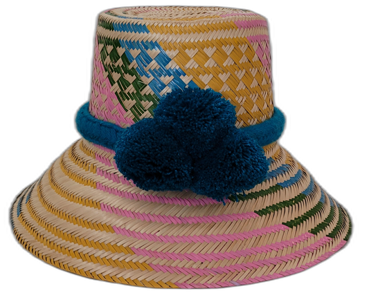 Gemma handmade Wayuu straw hat with pink, blue, green, and yellow weave


