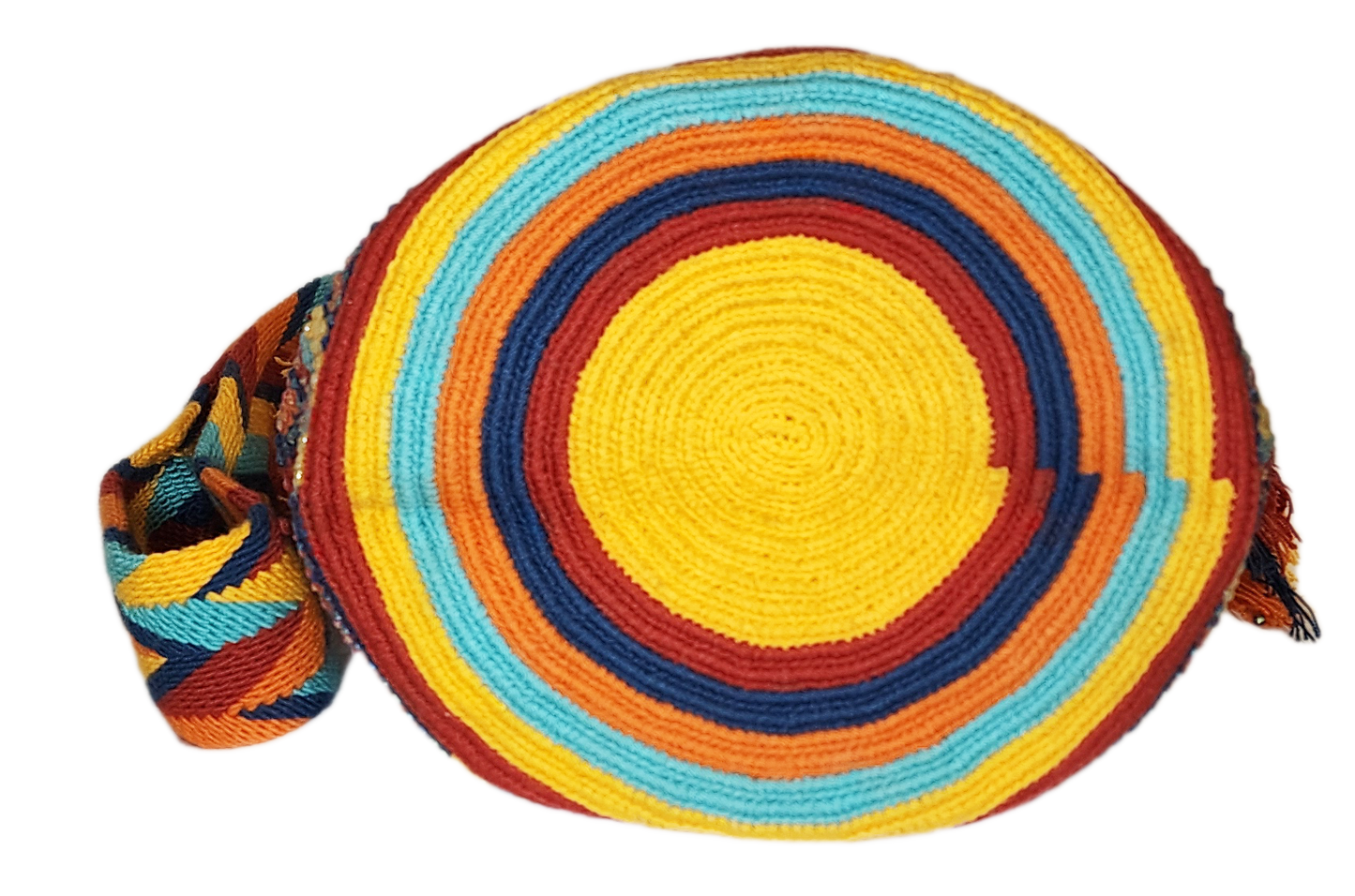 Bohemian crochet handbag with crystals, tassels, and sunset-inspired colors.