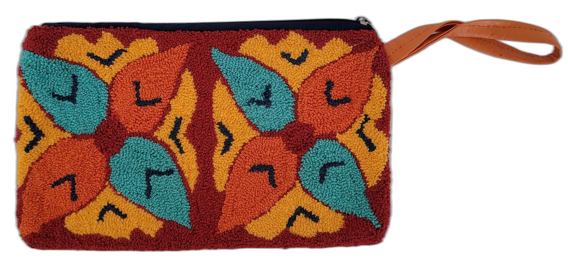1 Boho chick punch needle clutch with vibrant embroidery and orange wrist strap

