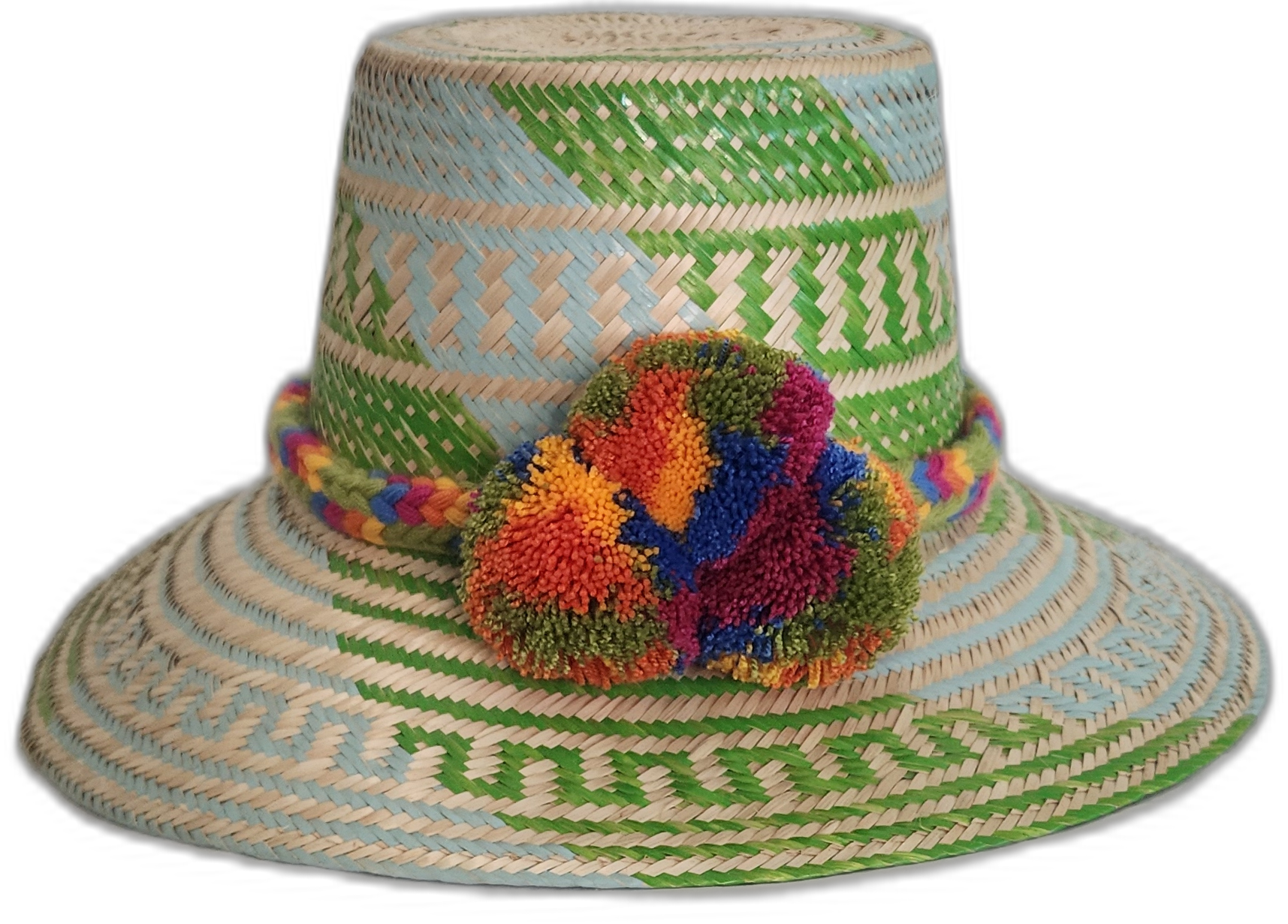 Handmade Wayuu hat with green and blue weave and rainbow pompoms