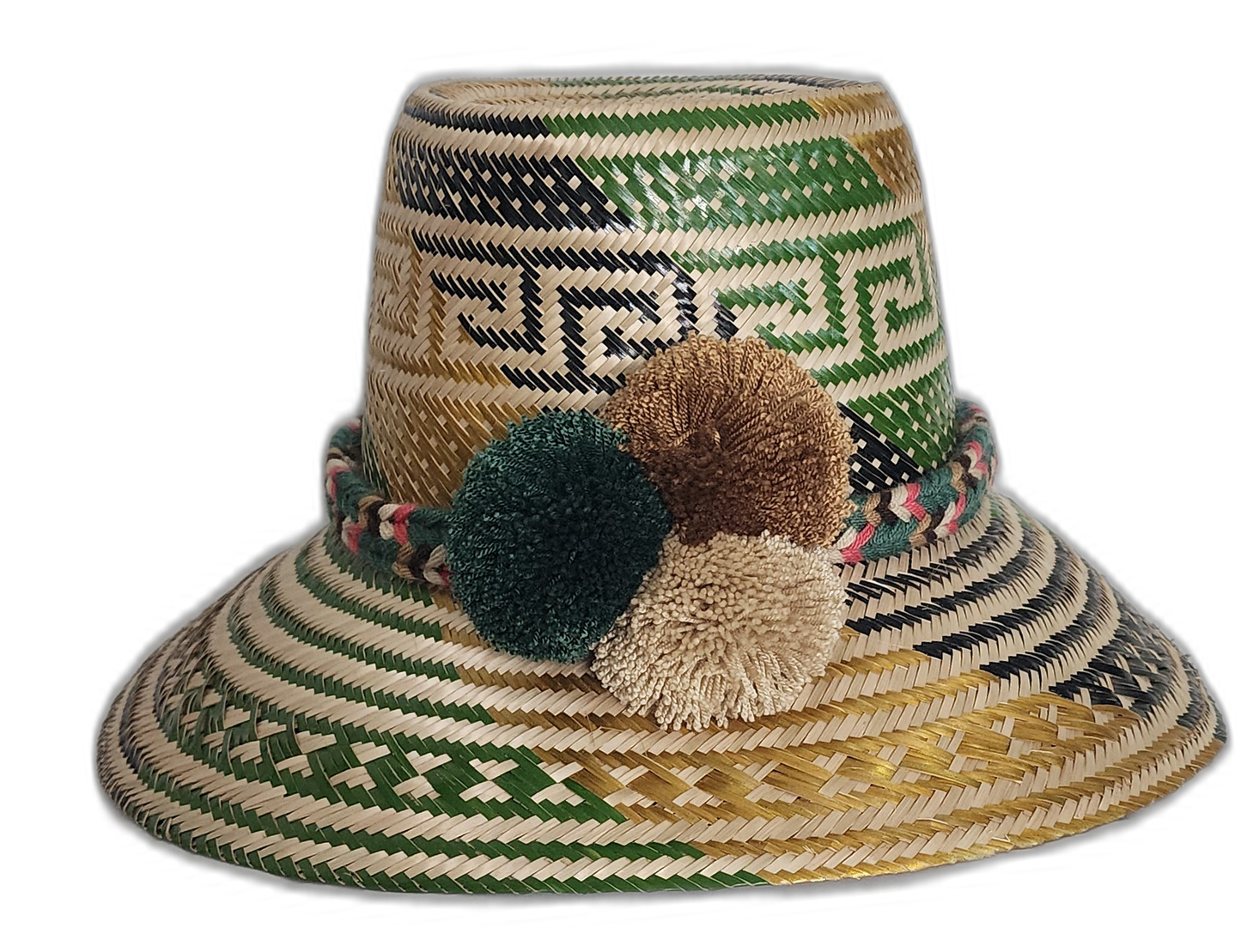 Handmade Wayuu straw hat with green, brown, and cream pompoms