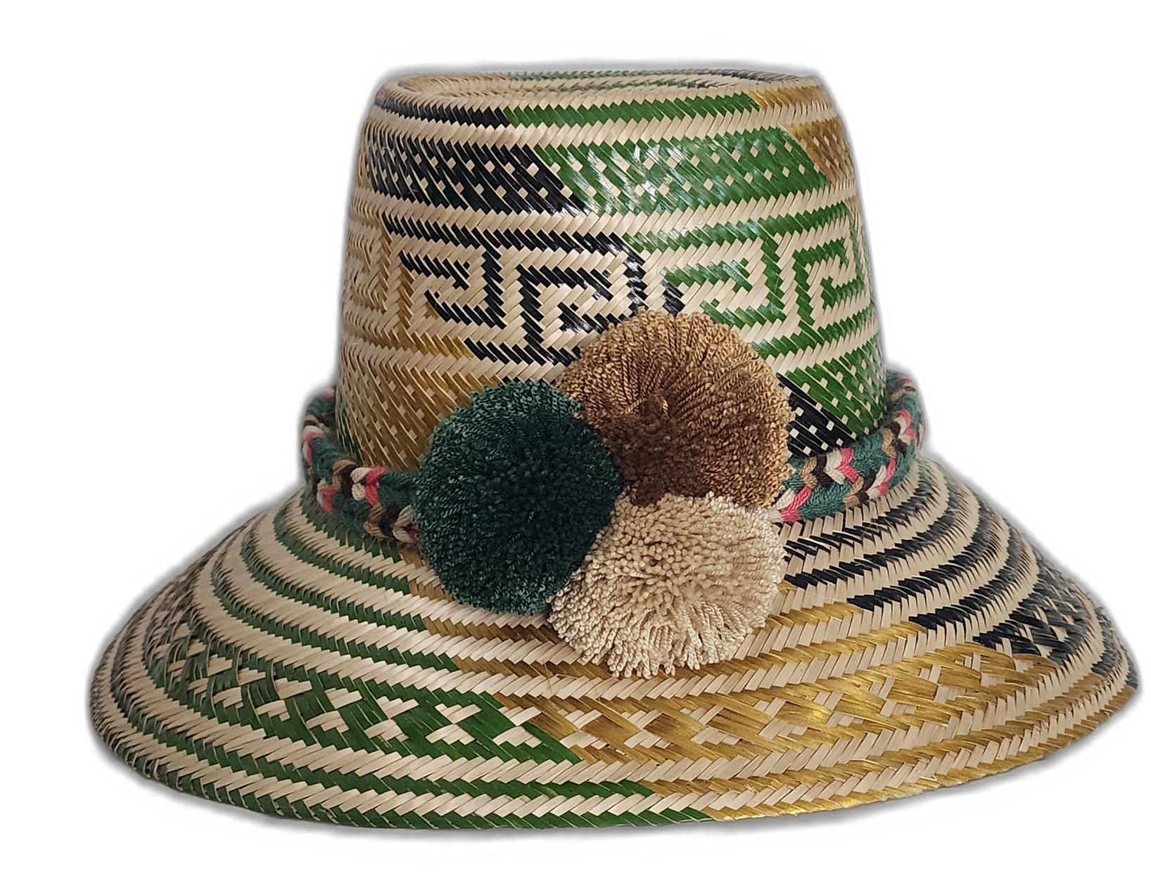 Handmade Wayuu straw hat with green, brown, and cream pompoms