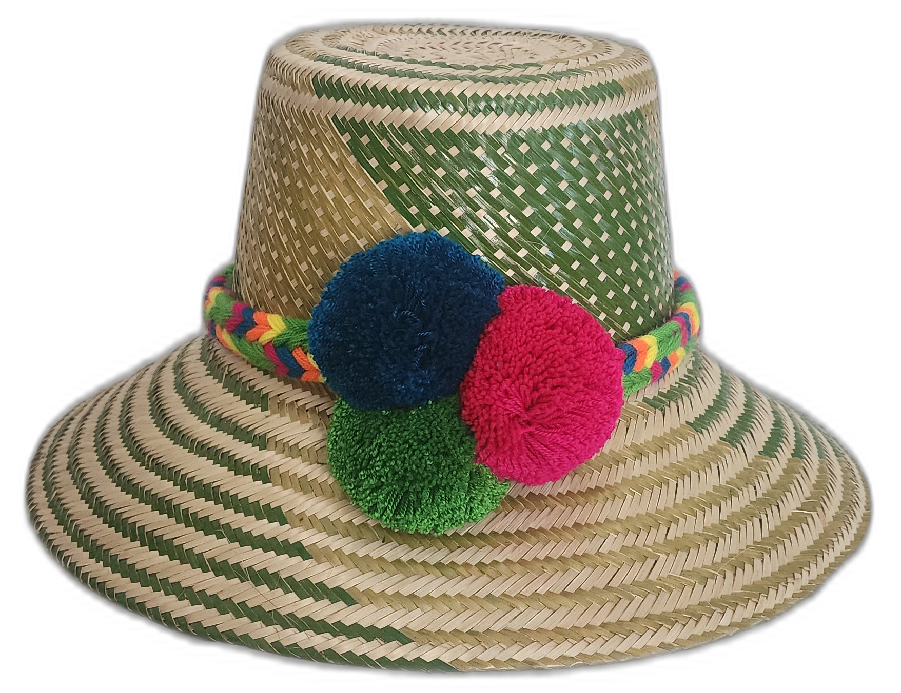 Handmade Wayuu straw hat with green woven pattern and bold fuchsia, navy blue, and green pompoms.Bohemian Wayuu hat featuring green body and vibrant handmade pompoms

