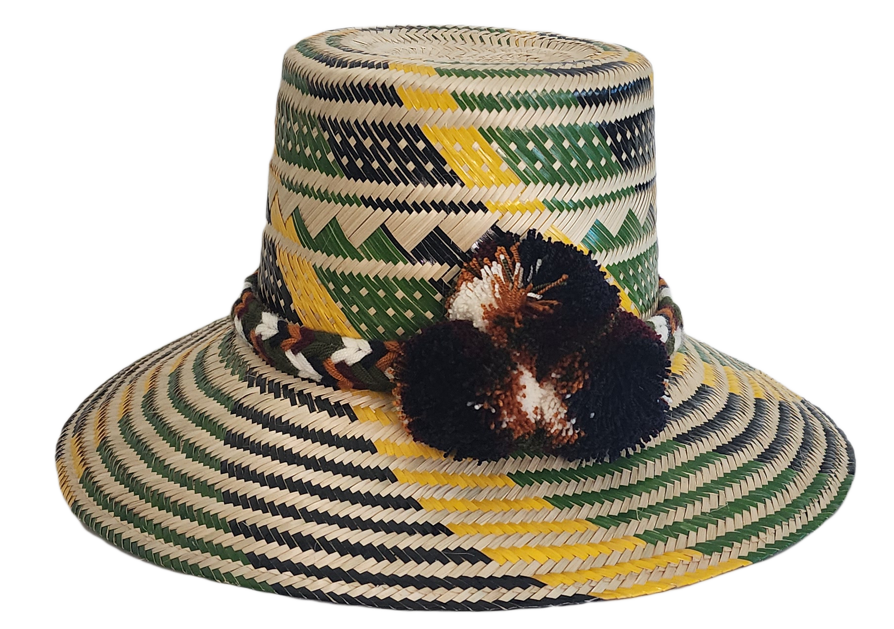 Handmade Wayuu hat with green, yellow, and black woven details
