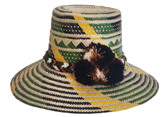 Handmade Wayuu hat with green, yellow, and black woven details