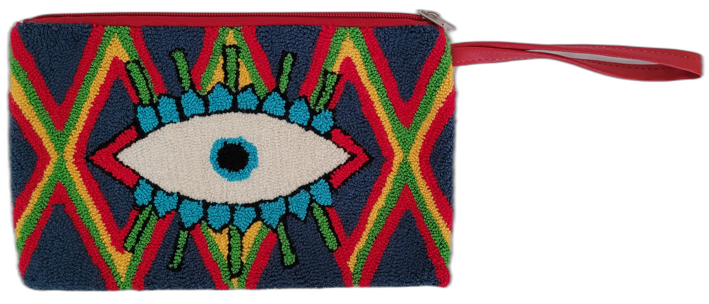 Boho crochet punch needle clutch Hana with vibrant zigzag and wristlet


