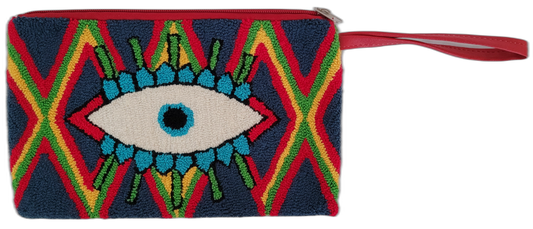 Boho crochet punch needle clutch Hana with vibrant zigzag and wristlet

