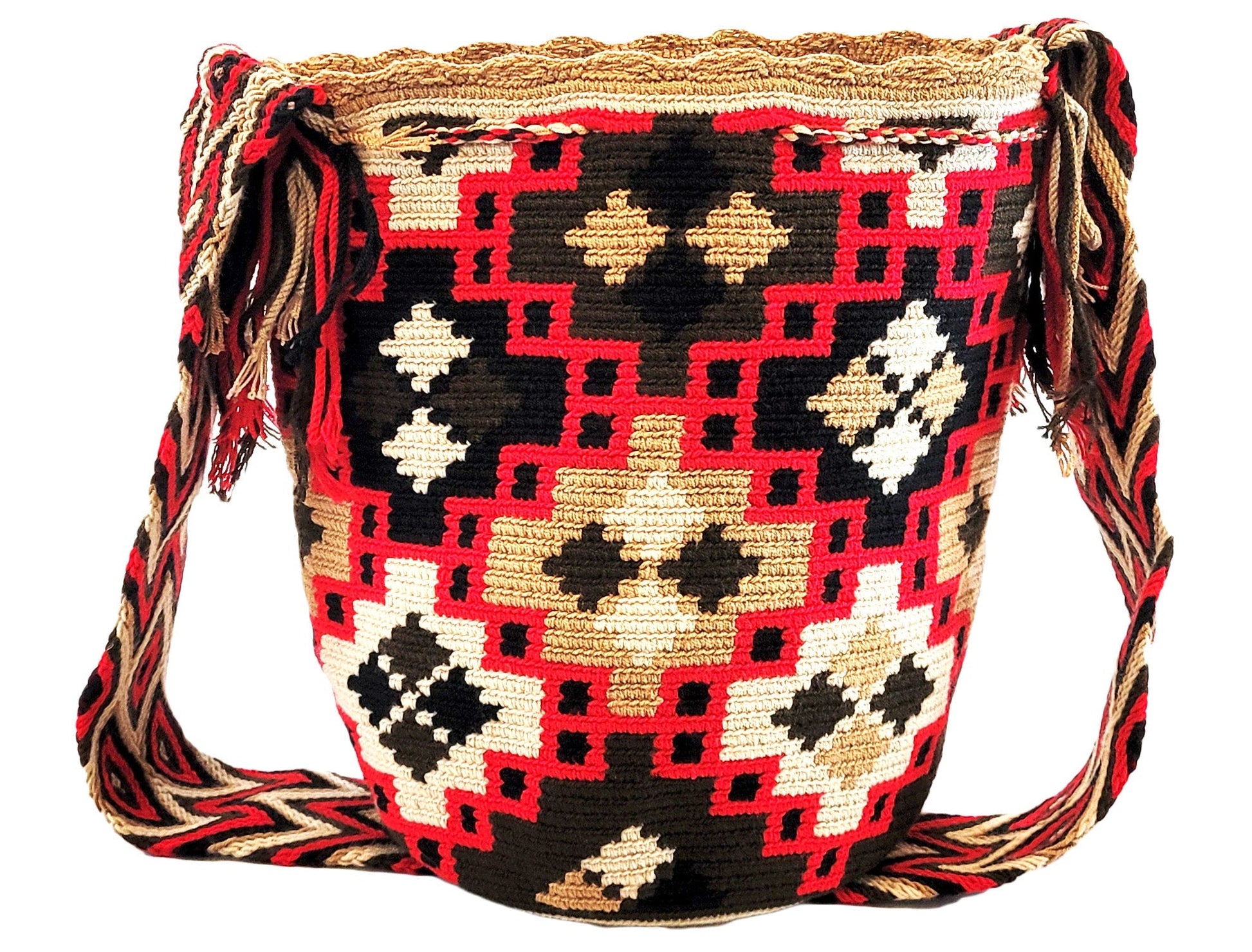 Bottom view "Handcrafted crochet bags by Wayuu women, vibrant with cultural symbols and colors, supporting sustainable community growth."