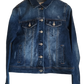 "Handcrafted denim jacket with colorful punch needle embroidery on the back, showcasing unique Wayuu-inspired patterns and fa