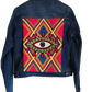 "Handcrafted denim jacket with vibrant, artisan-made punch needle embroidery on the back, showcasing unique style and craftsm