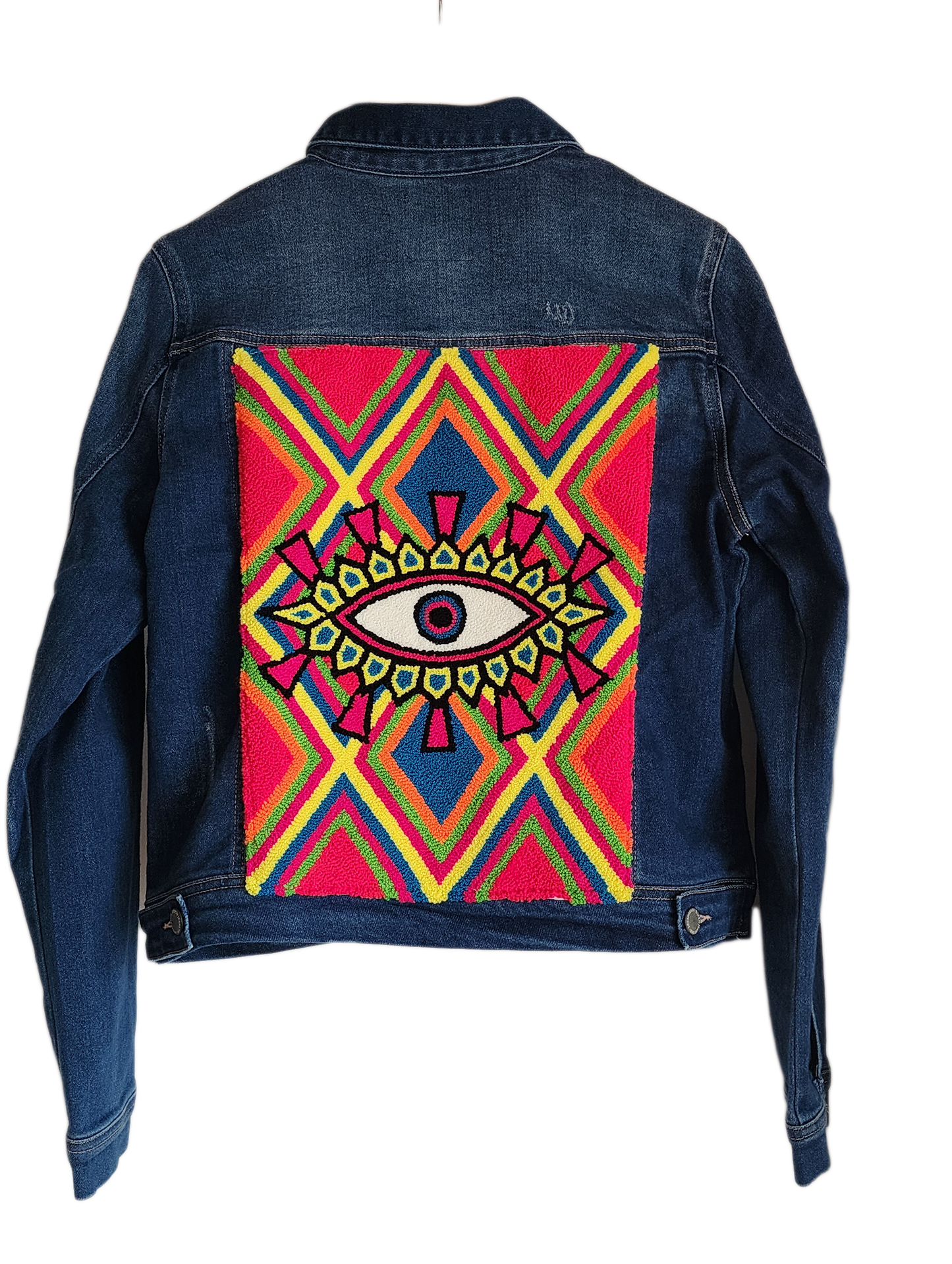 "Handcrafted denim jacket with vibrant, artisan-made punch needle embroidery on the back, showcasing unique style and craftsm