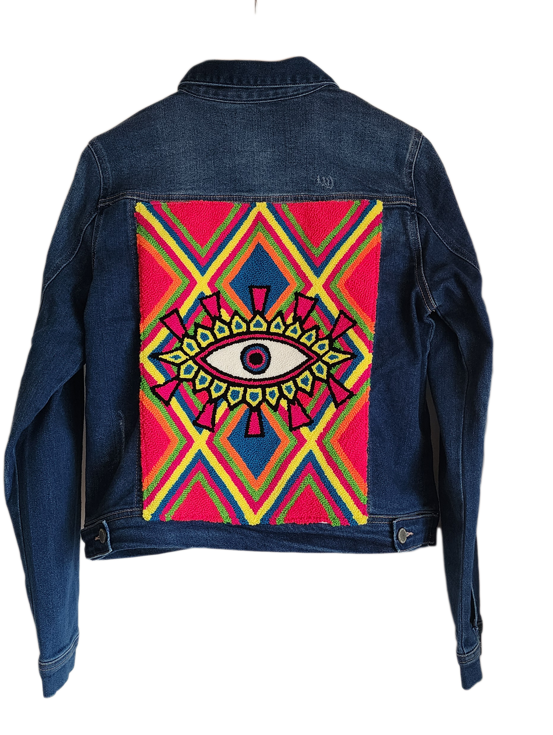 "Handcrafted denim jacket with vibrant, artisan-made punch needle embroidery on the back, showcasing unique style and craftsm