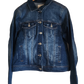 "Handcrafted denim jacket with vibrant, artisan-made punch needle embroidery on the back, showcasing unique style and craftsm