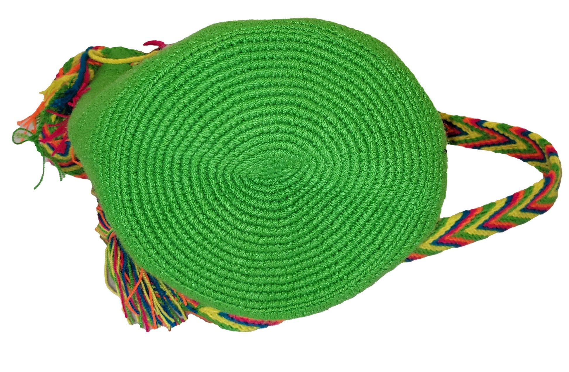 "Handcrafted medium-sized Wayuu crochet bag with colorful patterns and secure lid, perfect for versatile use."