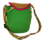 "Handcrafted medium-sized Wayuu crochet bag with colorful patterns and secure lid, perfect for versatile use."