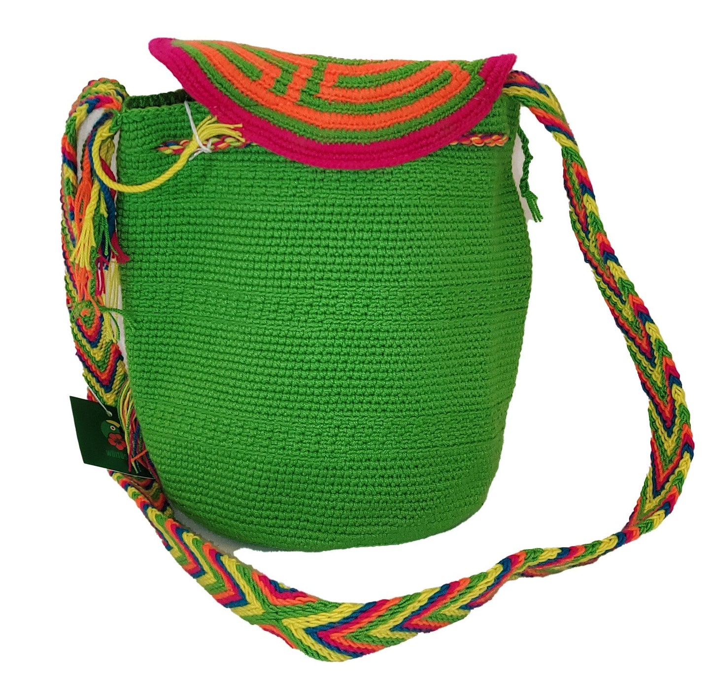 "Handcrafted medium-sized Wayuu crochet bag with colorful patterns and secure lid, perfect for versatile use."
