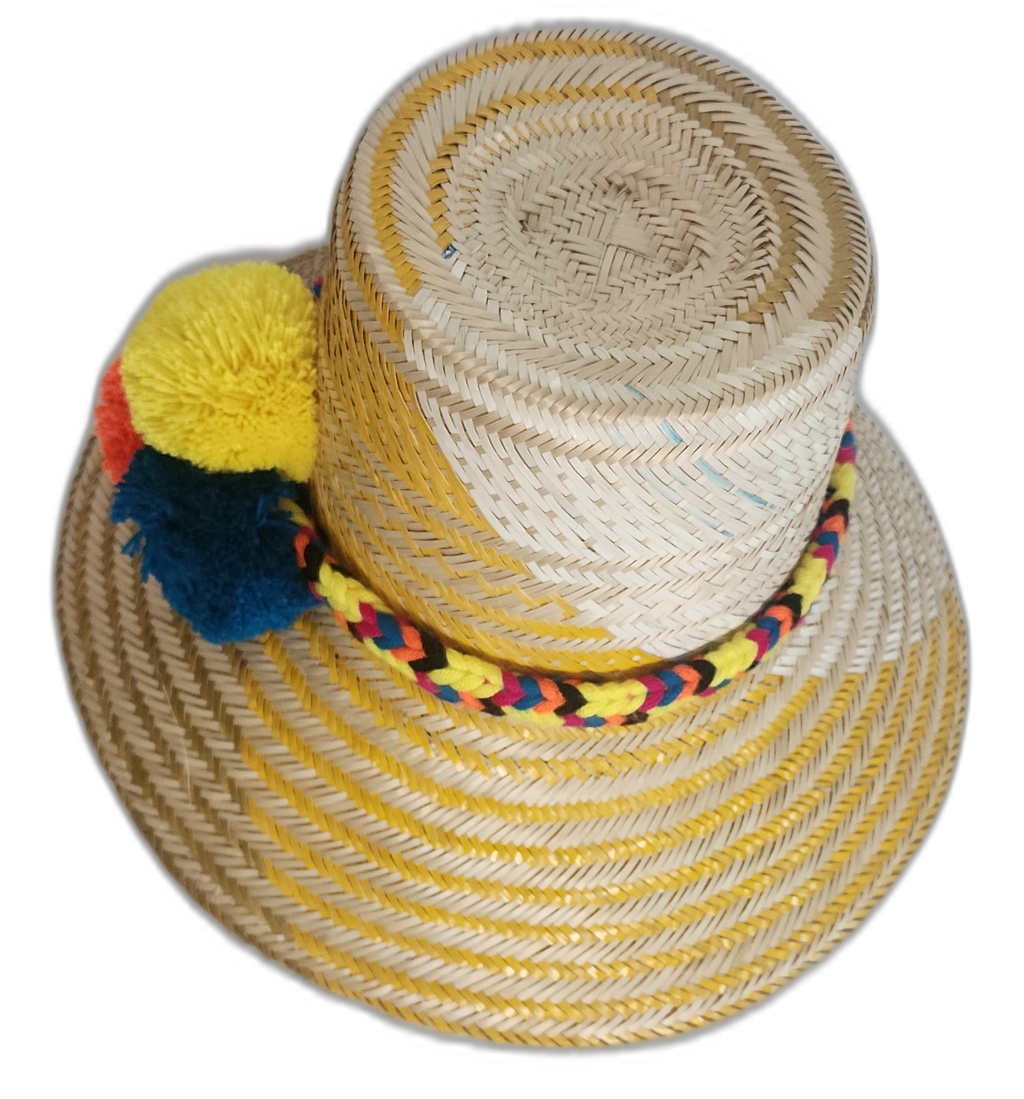 Boho chick Wayuu hat in sunny yellow weave with bold, handmade pompoms in summer tones.