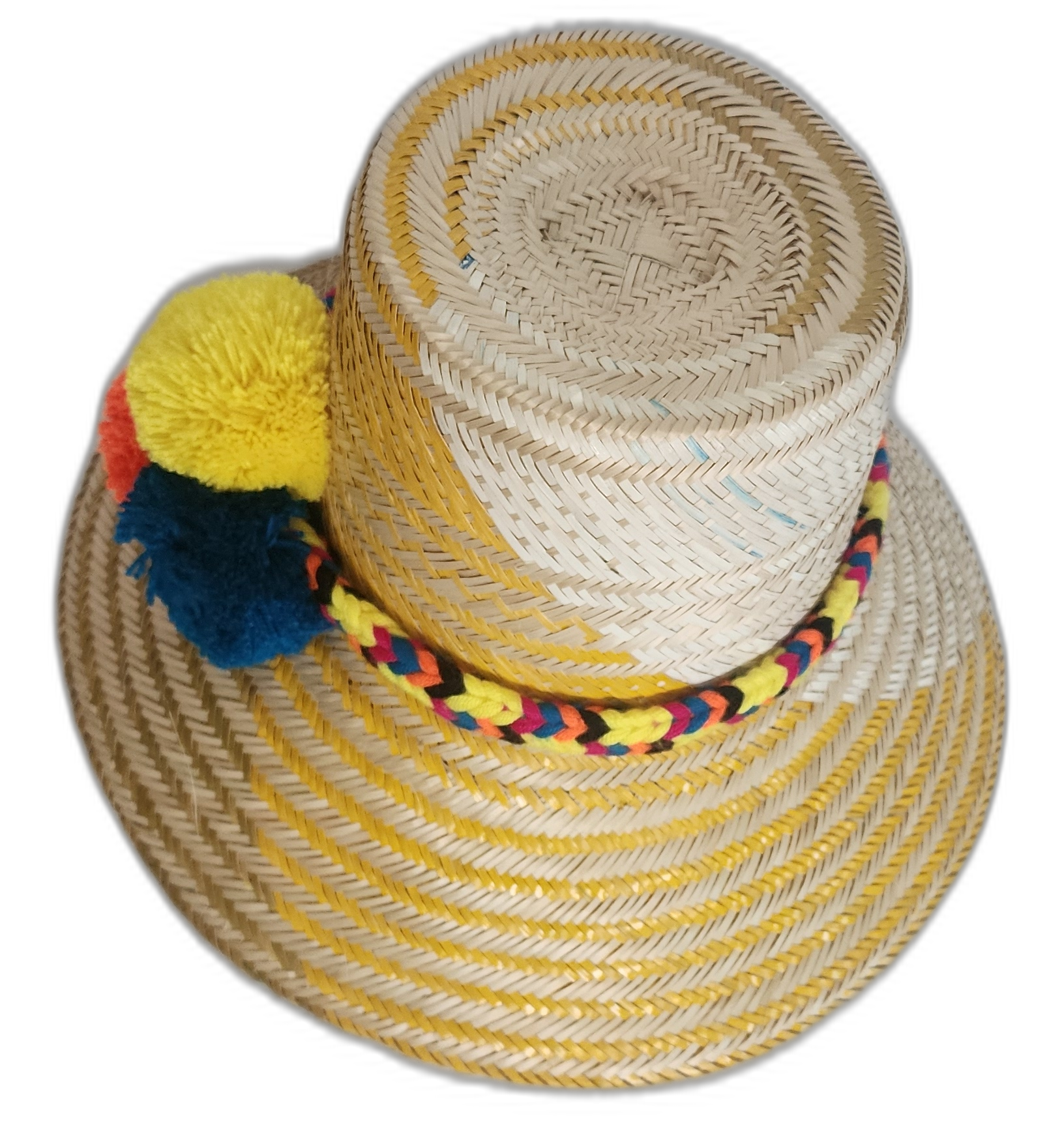 Boho chick Wayuu hat in sunny yellow weave with bold, handmade pompoms in summer tones.