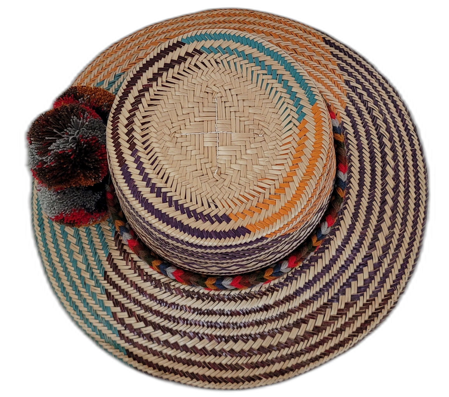 Boho chick straw hat featuring multicolor weave and handmade pompoms


