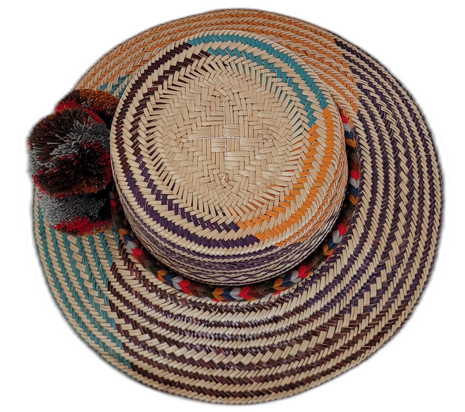 Boho chick straw hat featuring multicolor weave and handmade pompoms

