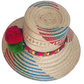Artisan summer hat made from iraca palm, with colorful pompoms and intricate red-blue-green details.

