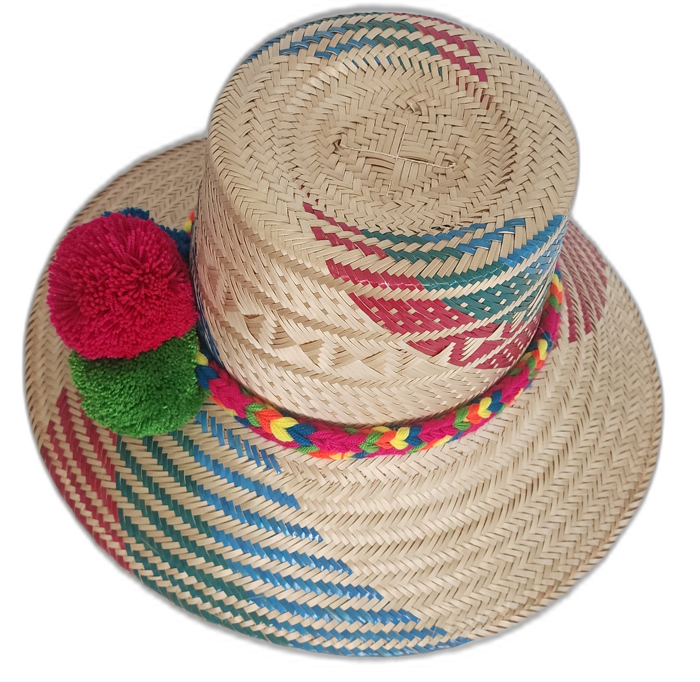 Artisan summer hat made from iraca palm, with colorful pompoms and intricate red-blue-green details.

