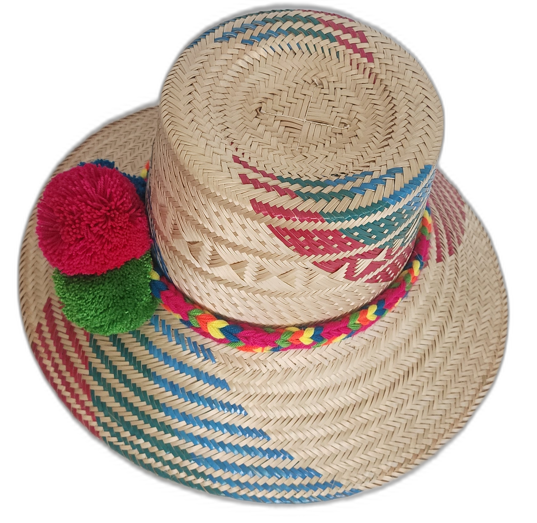 Artisan summer hat made from iraca palm, with colorful pompoms and intricate red-blue-green details.

