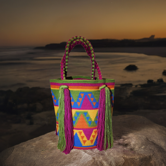 "Handcrafted Wayuu Waterfall Purse with vibrant crochet patterns and elegant cascading design, showcasing artisan craftsmansh