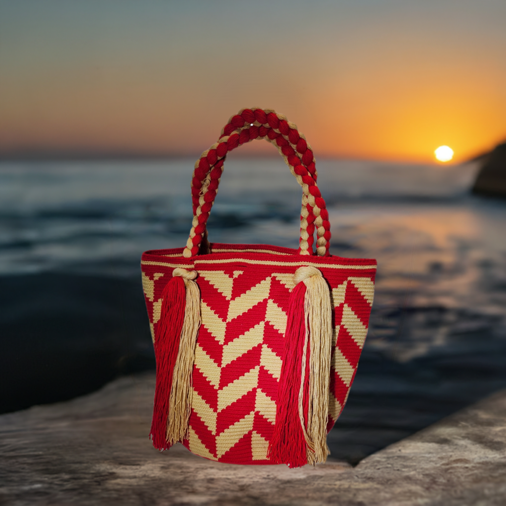 "Handcrafted Wuitusu Wayuu Waterfall Purse featuring vibrant crochet patterns, elegant cascading threads, and artisanal Wayuu
