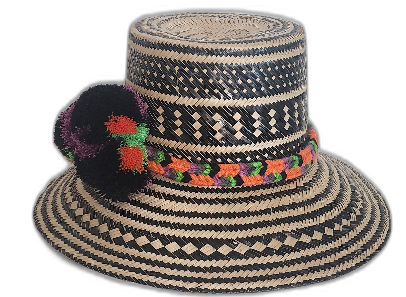 Handmade Wayuu Hat featuring black diagonal patterns and a multicolor band