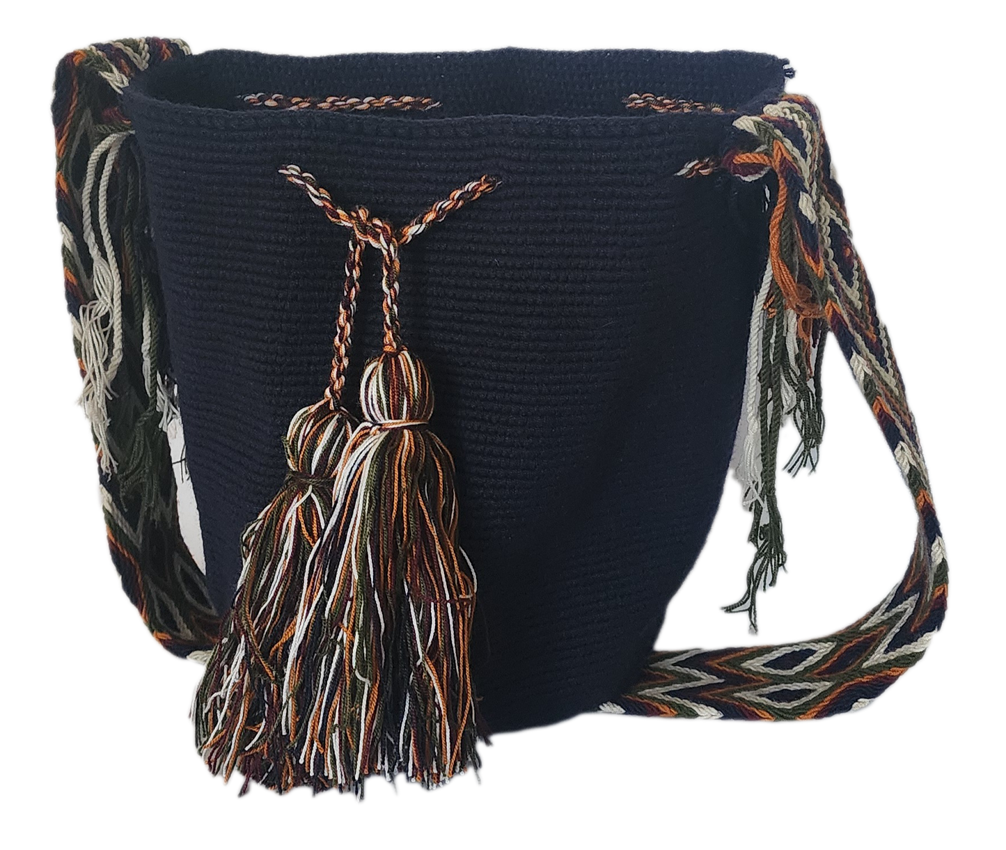 Bohemian black Wayuu bag featuring intricate colorful tassels and traditional artisan craftsmanship.