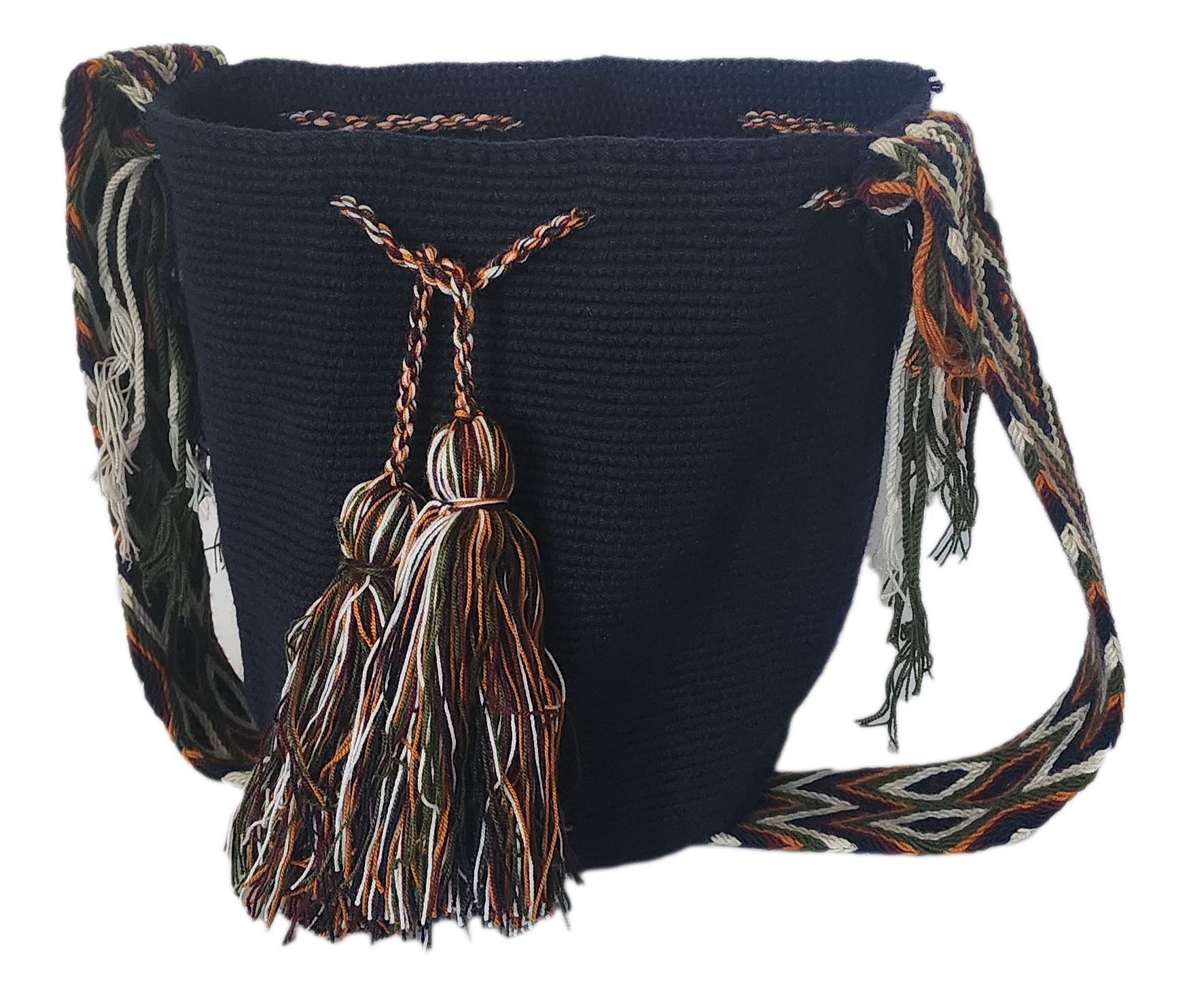 Bohemian black Wayuu bag featuring intricate colorful tassels and traditional artisan craftsmanship.