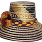 Bohemian straw hat with mustard and dark purple pompom cluster