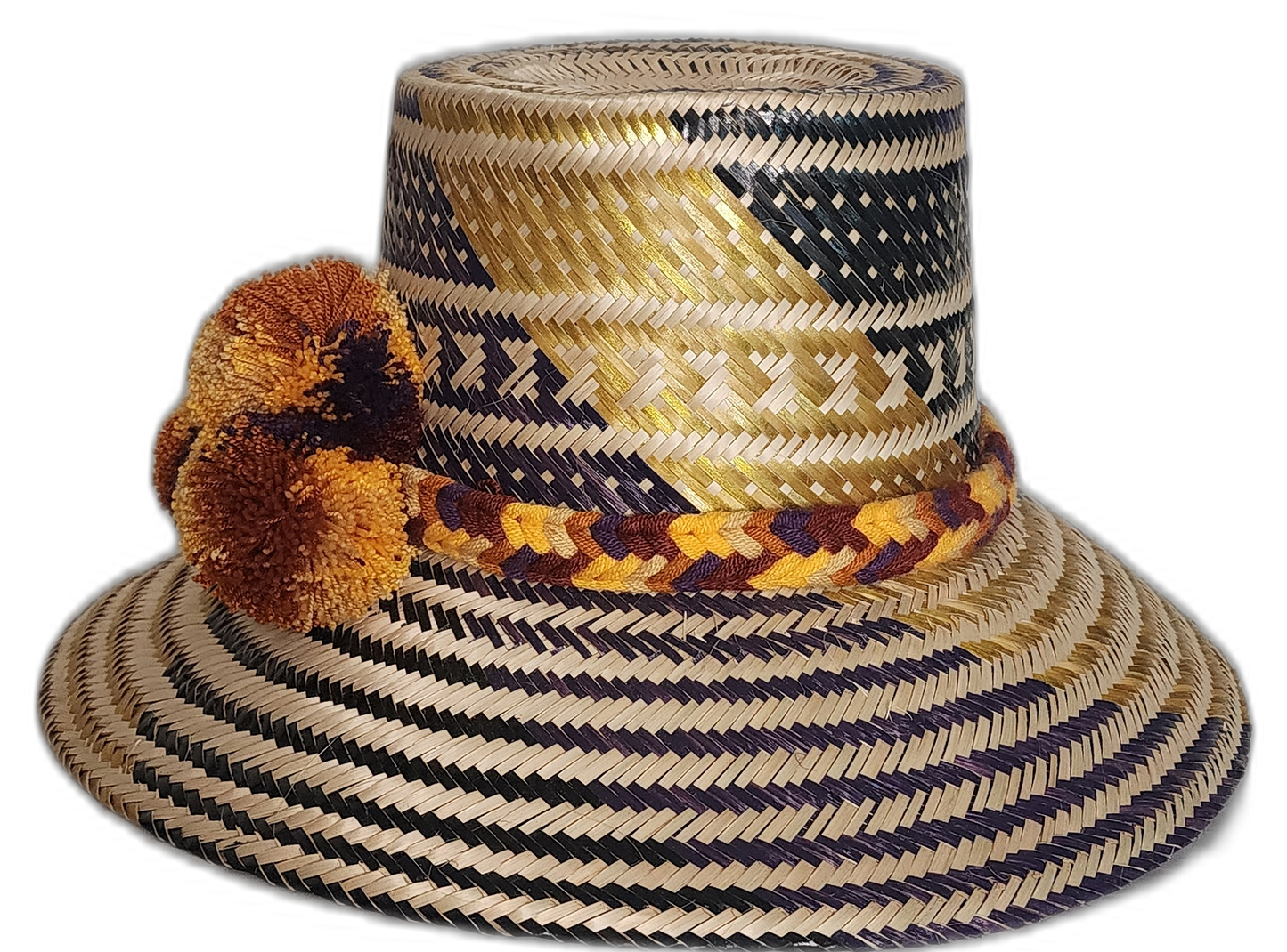Bohemian straw hat with mustard and dark purple pompom cluster