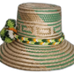 Boho straw hat with white, green, and yellow pompoms and braided band