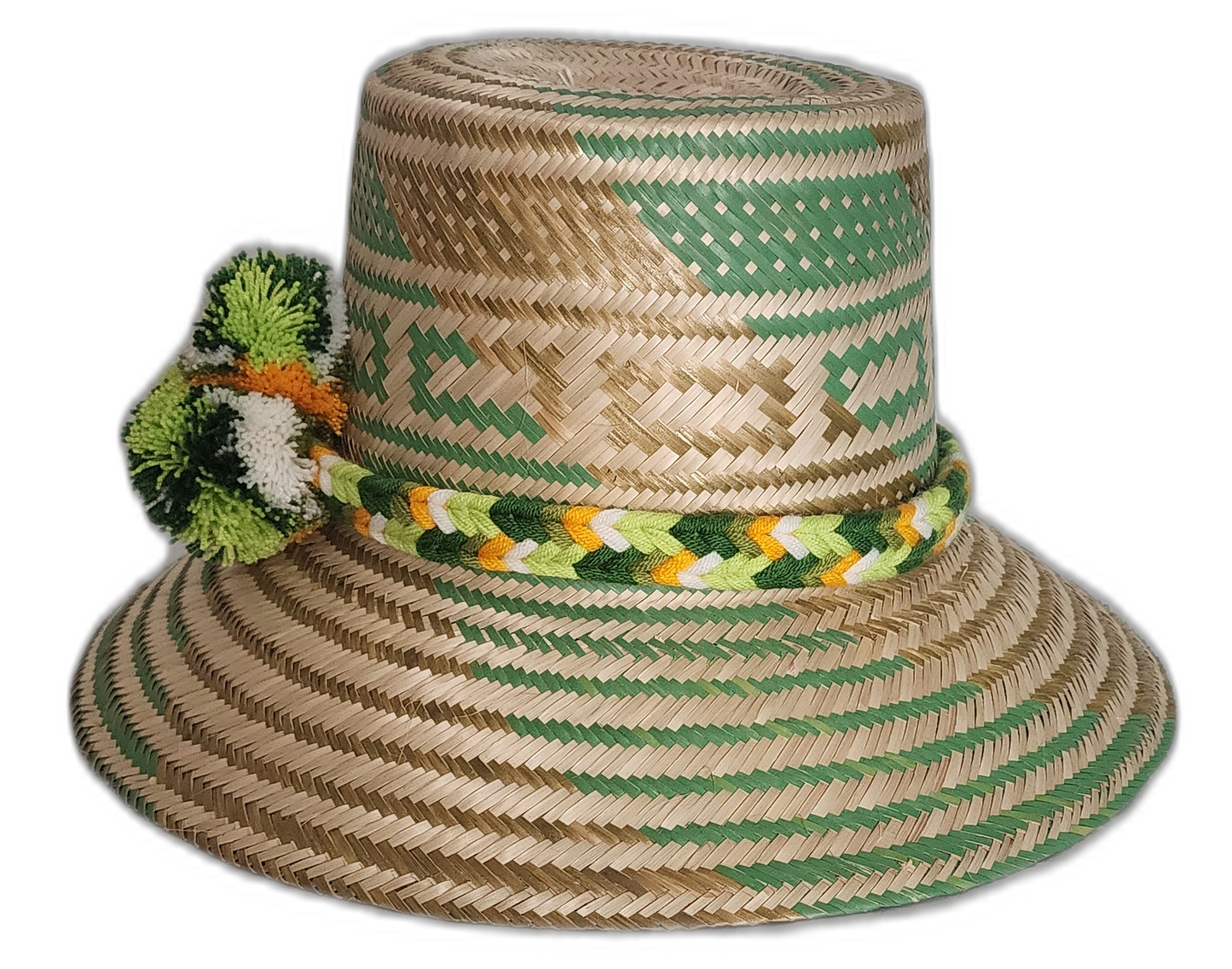 Boho straw hat with white, green, and yellow pompoms and braided band