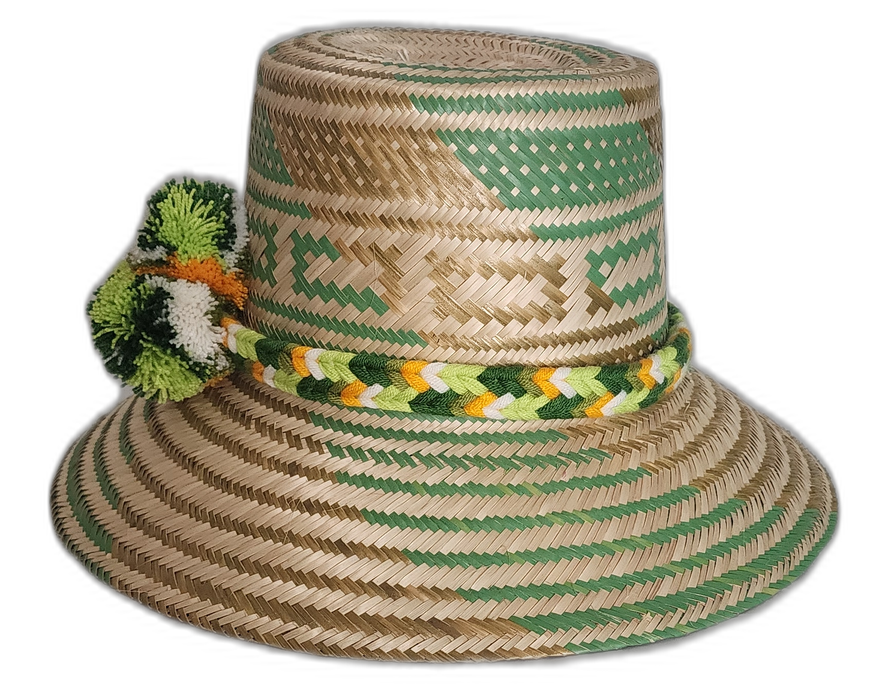 Boho straw hat with white, green, and yellow pompoms and braided band