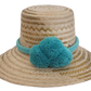 Wayuu straw hat with turquoise braided band and pom-poms — handmade boho sun hat.