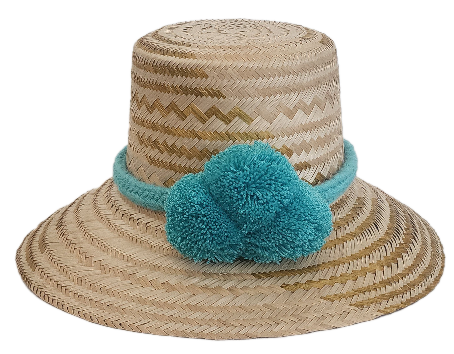 Wayuu straw hat with turquoise braided band and pom-poms — handmade boho sun hat.