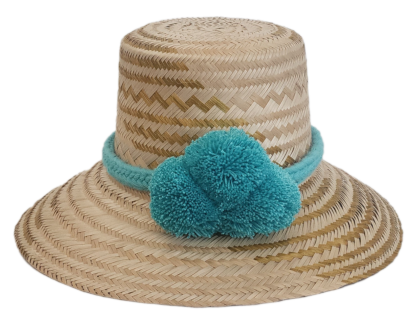 Wayuu straw hat with turquoise braided band and pom-poms — handmade boho sun hat.