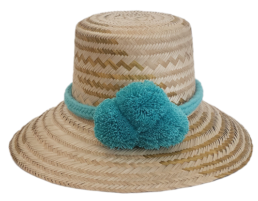 Wayuu straw hat with turquoise braided band and pom-poms — handmade boho sun hat.