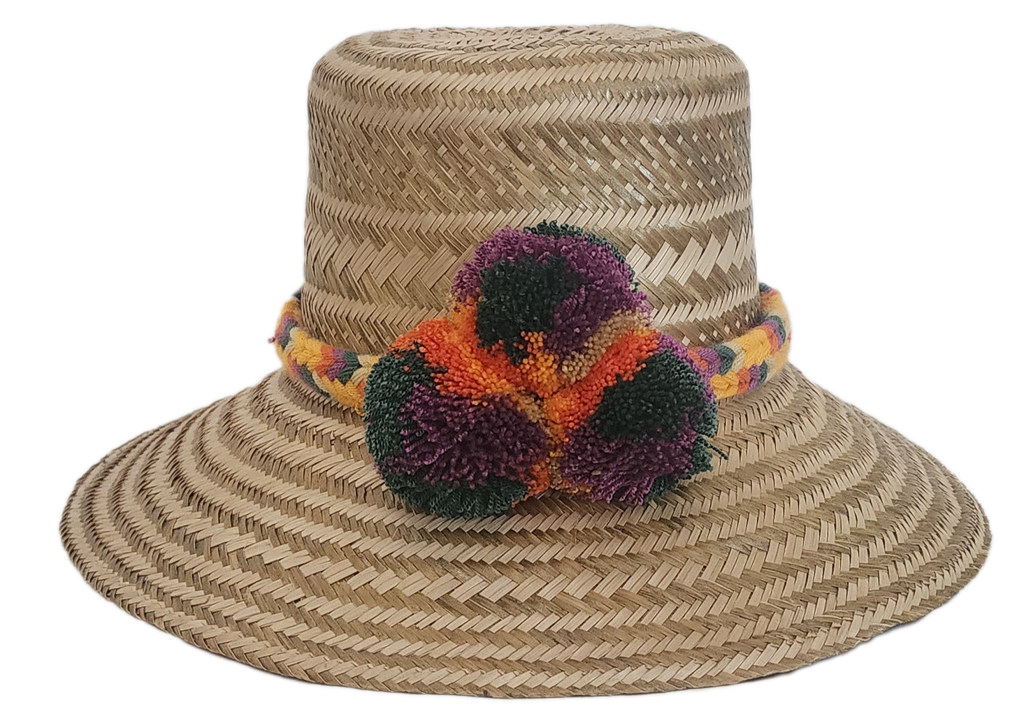 Handwoven Wayuu straw hat with yellow braided band and multicolor pom-poms — boho chic sun hat for summer style.