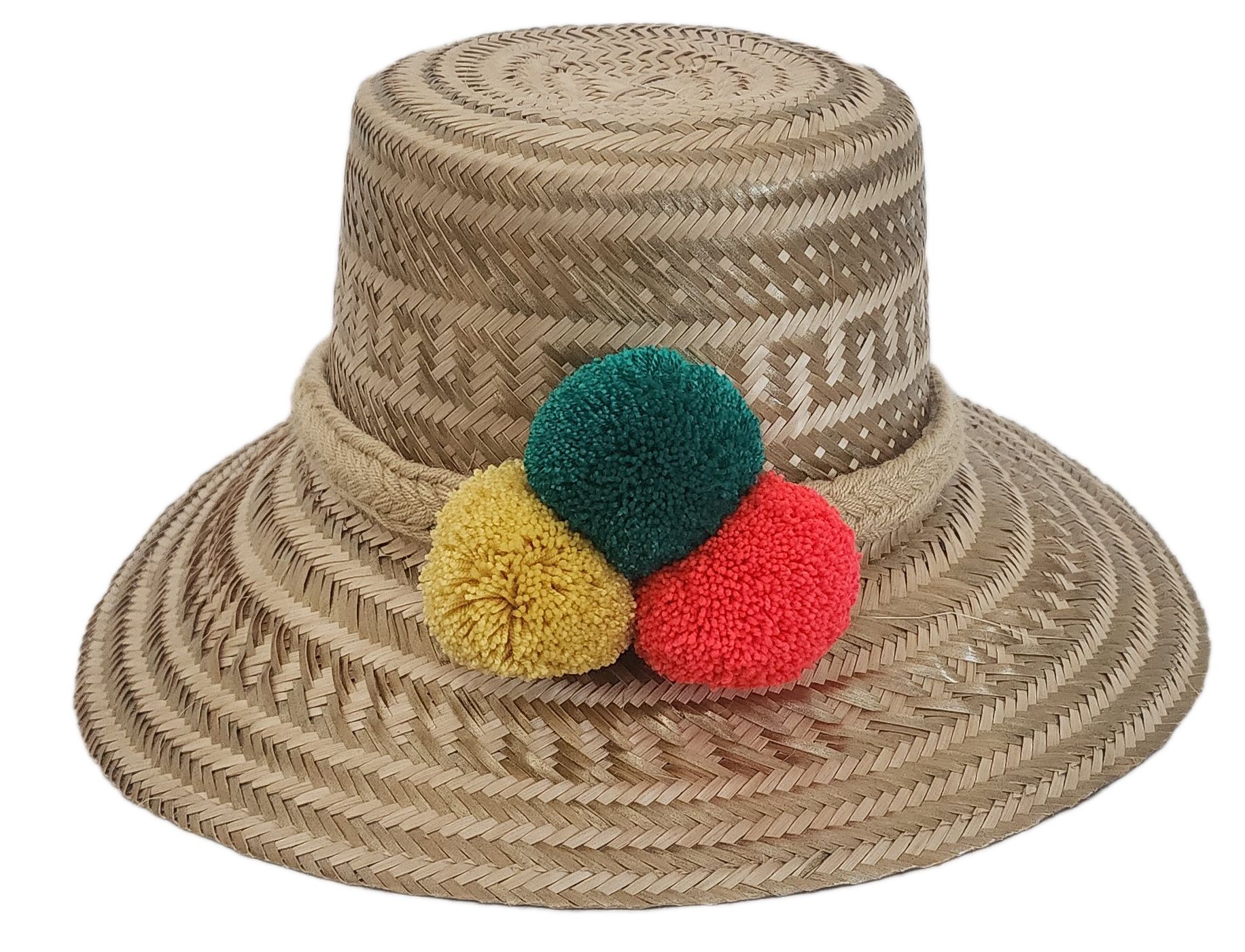 This handmade Wayuu hat brings color to sunny days with bold pom-poms and a natural braided band. Lightweight and perfect for bohemian summer looks.