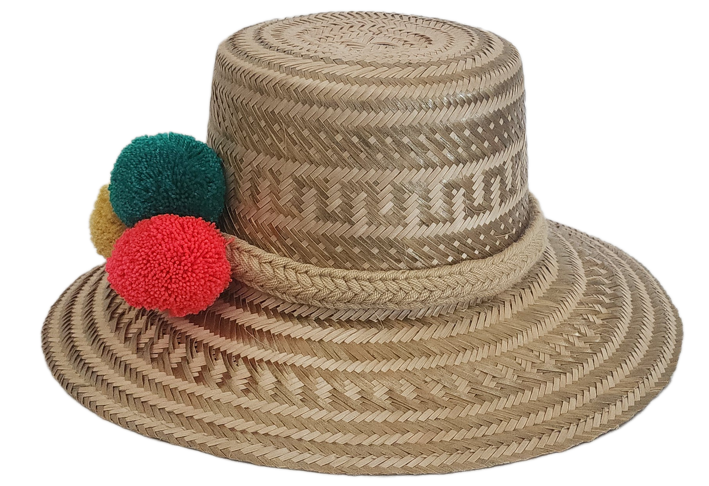 Wayuu artisan straw hat with trio of bright pom-poms in primary colors — minimalist boho style.