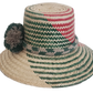 Bohemian Wayuu straw hat with forest green and clay red pattern and muted tone pom-poms.