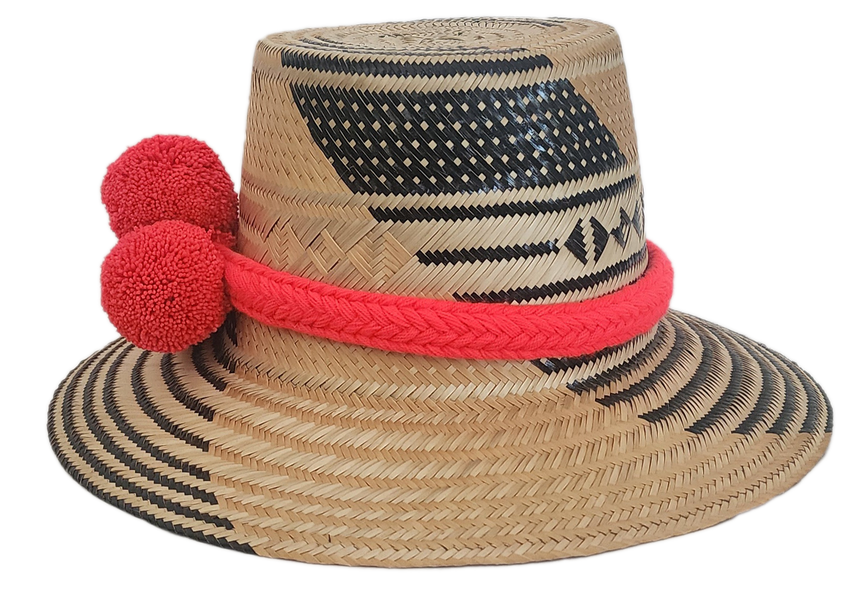 Handcrafted Wayuu hat with red braided band, pom-poms, and black ethnic weave on natural straw base.