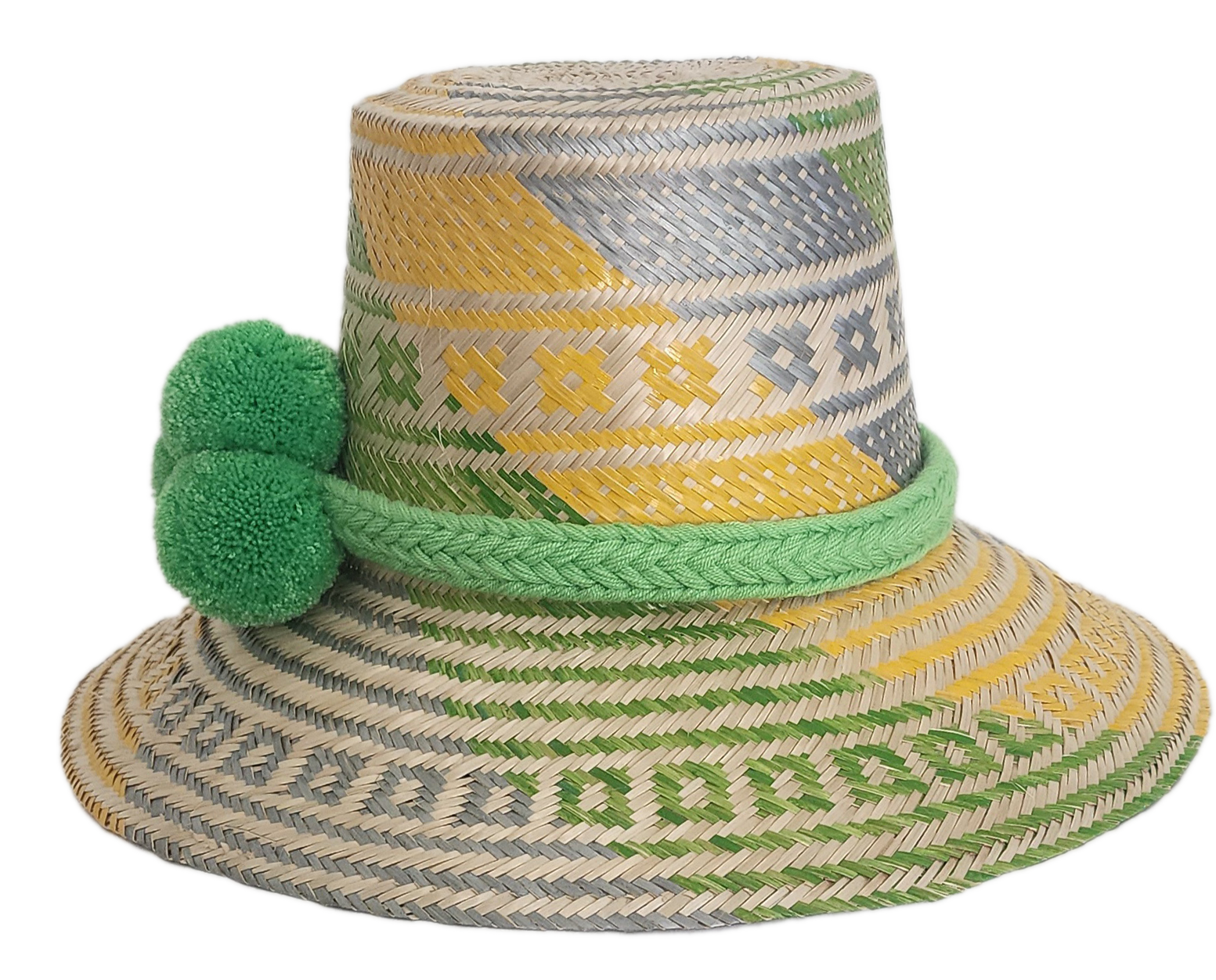 Handwoven Wayuu straw hat with green, yellow, and gray tribal patterns, wide brim, and bright green pom-pom band. A bold, bohemian summer accessory.