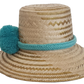 Handwoven Wayuu hat with coastal turquoise pom-poms and matching yarn band — artisan-crafted.