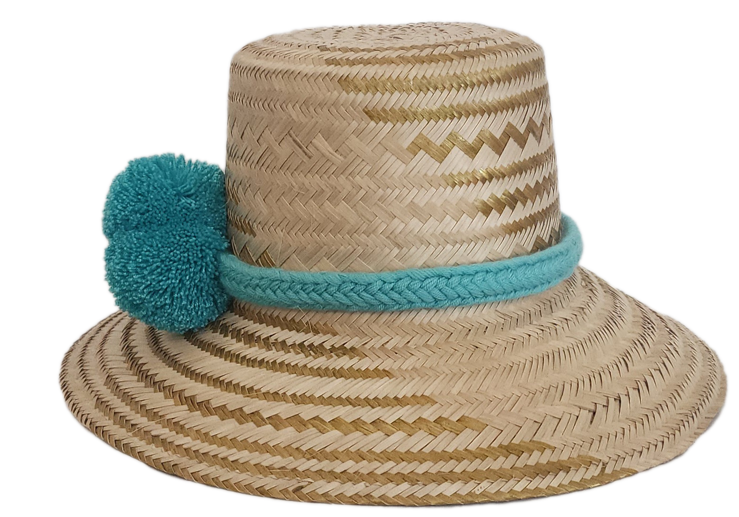 Handwoven Wayuu hat with coastal turquoise pom-poms and matching yarn band — artisan-crafted.